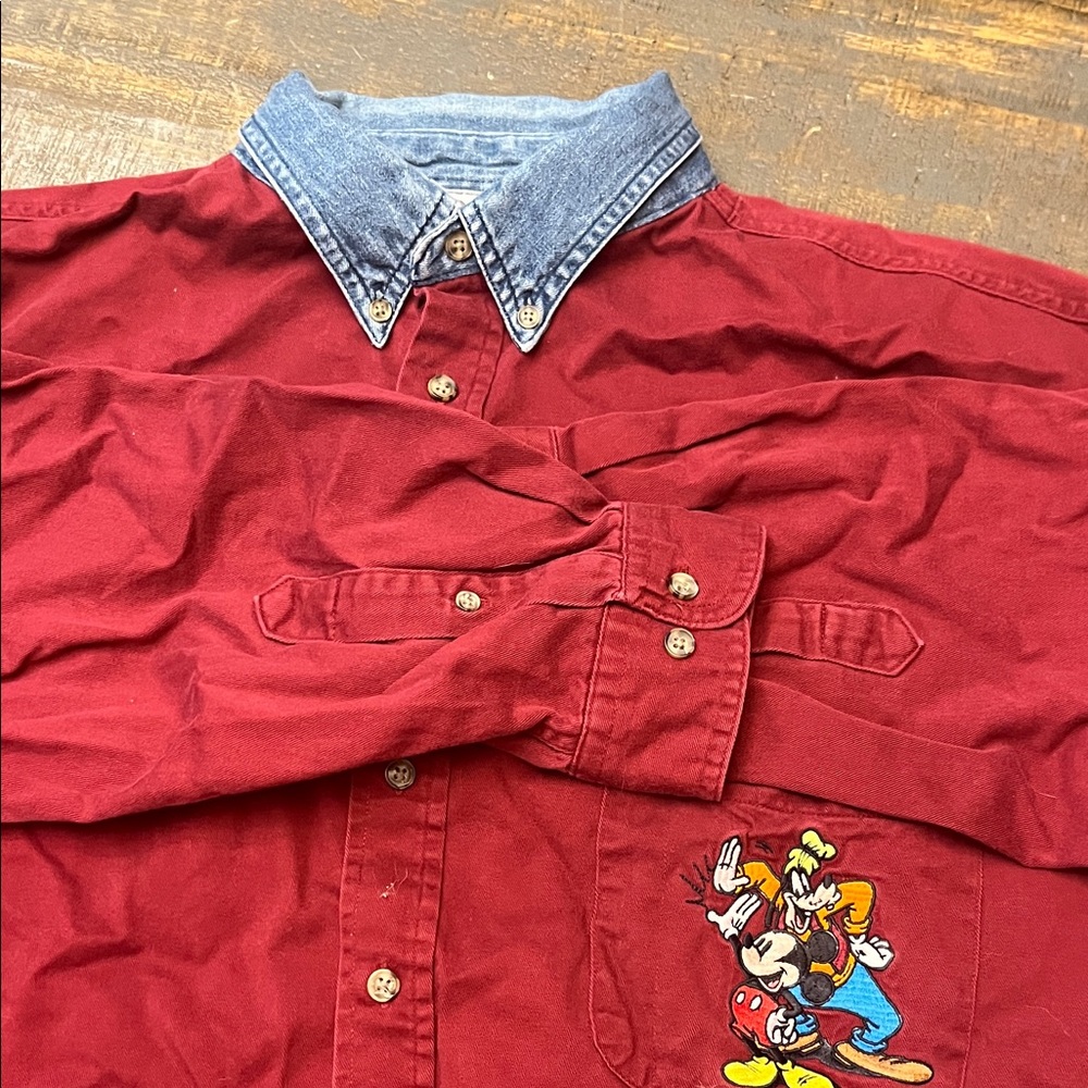 DiSNEY Men's Red Denim Collar Shirt with Embroidered Design
